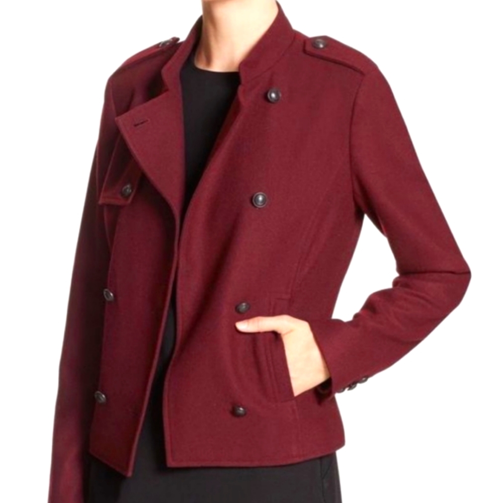 Burgundy Wool Blend Military Peacoat Jacket XS - Banana Republic